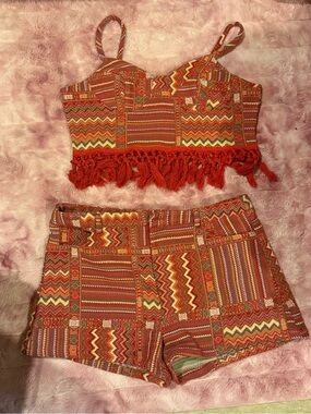 Cider Red Multi-Pattern Fringe Crop Top & Shorts Set